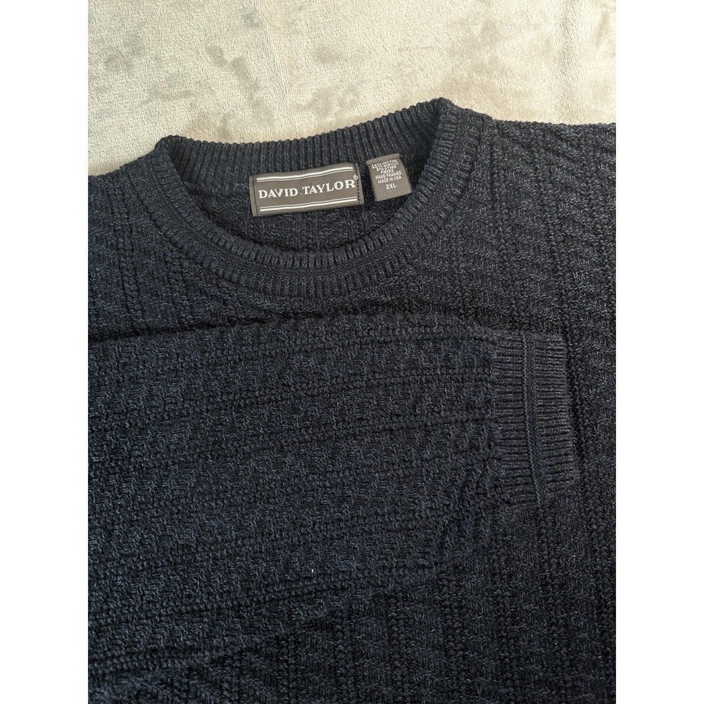 VTG David Taylor Sweater Mens 2XL Navy Blue Textured 3D Knit‎ Crewneck Made USA